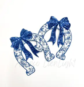 Blue Floral Grand Millennial Horseshoe Sequins Chenille Patch