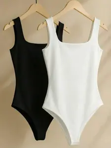 Cherry Women's High Elasticity Slimming Fit Bodysuit Set, Summer Square Neck Sleeveless Top, Inner Layer Seamless Bodycon Tank