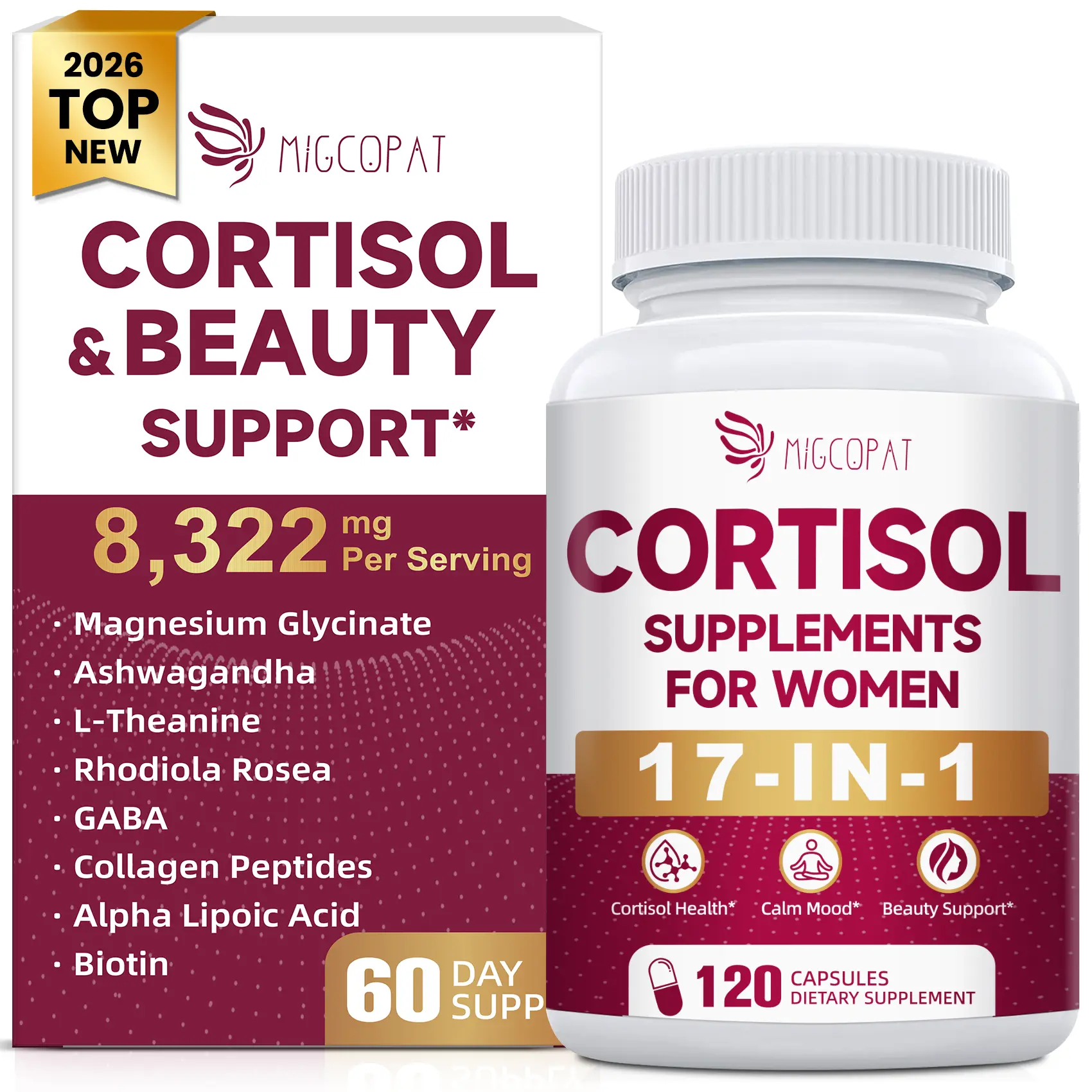 Migcopat 17-in-1 Cortisol Support for Women | 8322mg Collagen + Magnesium Glycinate + Ashwagandha + L-Theanine | Stress Relief, Relaxation & Sleep Support | Women’s Wellness Formula | 120 Capsules