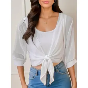 Women'S V-Neck Polyester Cardigan - Solid Color Half Sleeve Short Length with Lace-Up Detail, Non-Stretch Woven Fabric, Spring/Summer Lightweight Chiffon Sun-Protective Clothing
