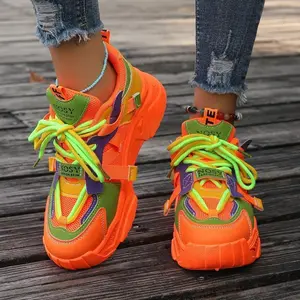 Women’s Color Block Chunky Sneakers – Vibrant Orange, Green & Purple Design, Waterproof, Non-Slip Rubber Sole, Lace-Up Casual Running Shoes for All Seasons, Outdoor Activities Shoes | Trendy Footwear | Durable Sneakers