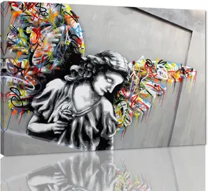 Banksy Graffiti Canvas Painting Picture Art Print Angel Graffiti Wings Wall Art Modern Pop Colorful Home Wall Decor for Living Room Bedroom Ready to Hang SHJY-01573