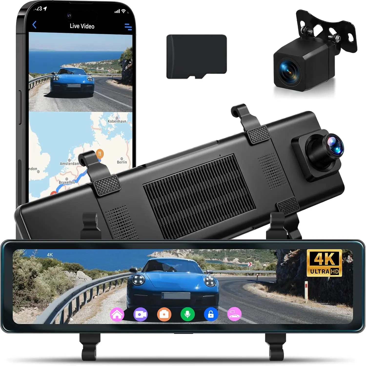 11.26" Touchscreen 4K WiFi Rearview Mirror Backup Screen Car Camera with Front-Rear Lenses, Night Vision, APP Support, G-Sensor, Loop Recording, Parking Assistance, 24H Monitor, Waterproof Design + 64G TF Card, Rearview Mirror Backup Screen Car Cameras