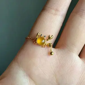 Whimsical Gold Crab Ring with Yellow Gemstone Adjustable Chain Statement Ring