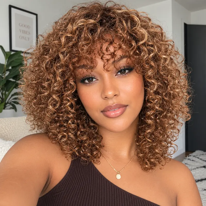 WENYAN Women's 10-in Short Curly Dark Blond Human Hair Wig, 200% Density F4/27 Fluffy Natural Soft Glueless Full Machine-Made Wear-And-Go Beginner-Friendly Wig With Bangs (On Sale, Pre-Styled) | wigs on sale