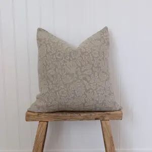 Raven Floral Pillow Cover Warm Gray Pattern on Natural Cotton Hand-Block Printed in India Invisible Zipper Serged Edges Made in USA
