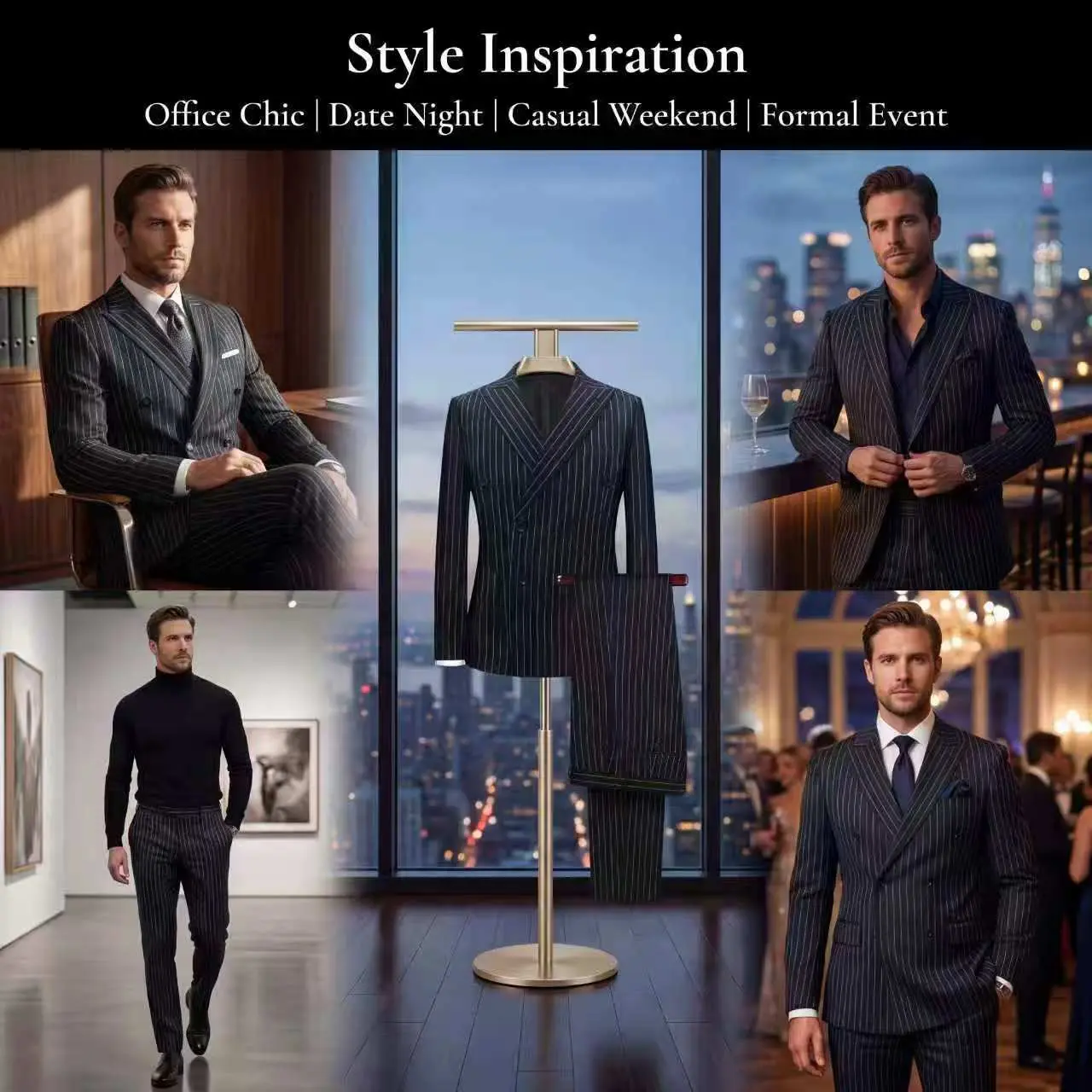 Men’s 2-Piece Slim Fit Pinstripe Suit – Double-Breasted Blazer with Matching Pants for Business, Wedding, Interview & Formal Events