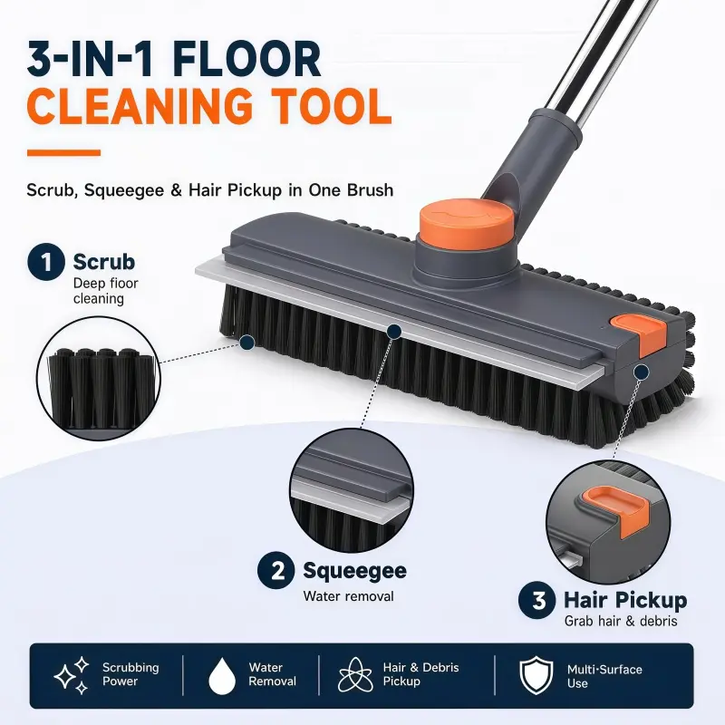 Floor Scrub Brush, 3 in 1 Floor Scrub Brush with 54-in Adjustable Long Handle and Scraper Heavy Duty Stiff Bristle Floor Scrubber for Cleaning Shower Bathroom Kitchen Patio Garage Pool Wall and Deck #back to school