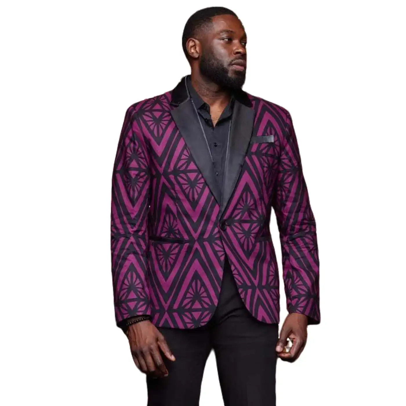 Enofe Men's African Print Blazer Plum Diamonds M5014PDF Classic Satin Dress Jacket with Contrast Notch Collar & Welt Pockets Suit Fabric