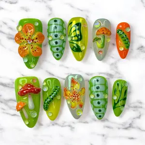 Summer Vibe Nature Press On Nails 3D Fairy Butterfly Mushroom & Flora Green Orange