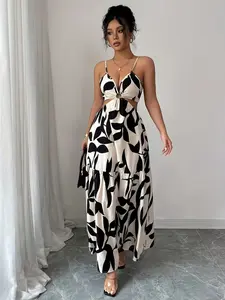 Trendy Bohemian Abstract Print Long Dress, Thin Strap Deep V Neck Metal Ring Waist Hollow Out Layered Hem, Women's Elegant Party Dress