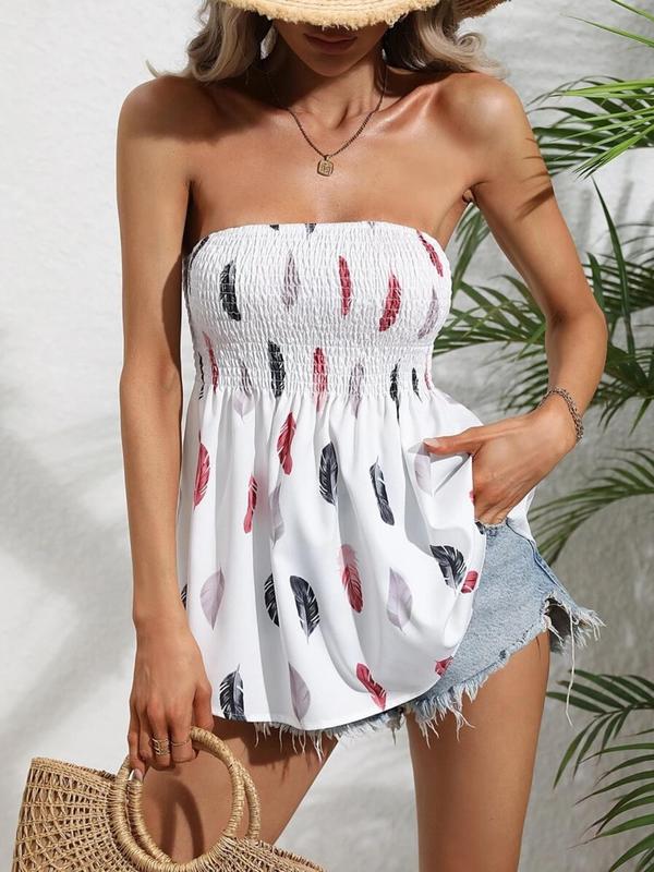 Plus Size Feather Print Shirred Peplum Tube Top, Boho Sleeveless Top, Casual Strapless Top for Beach Holiday Vacation, Women's Clothes for All Seasons