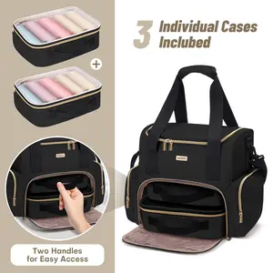 Large High Quality Travel Makeup Organizer Bag for Women - 2 Removable Cosmetic Cases, Double Layer Toiletry Bag with Multiple Compartments, Durable Polyester, Black with Golden Accents, Sleek Stylish Design | Easyaccess Handles, Makeup Travel Bag