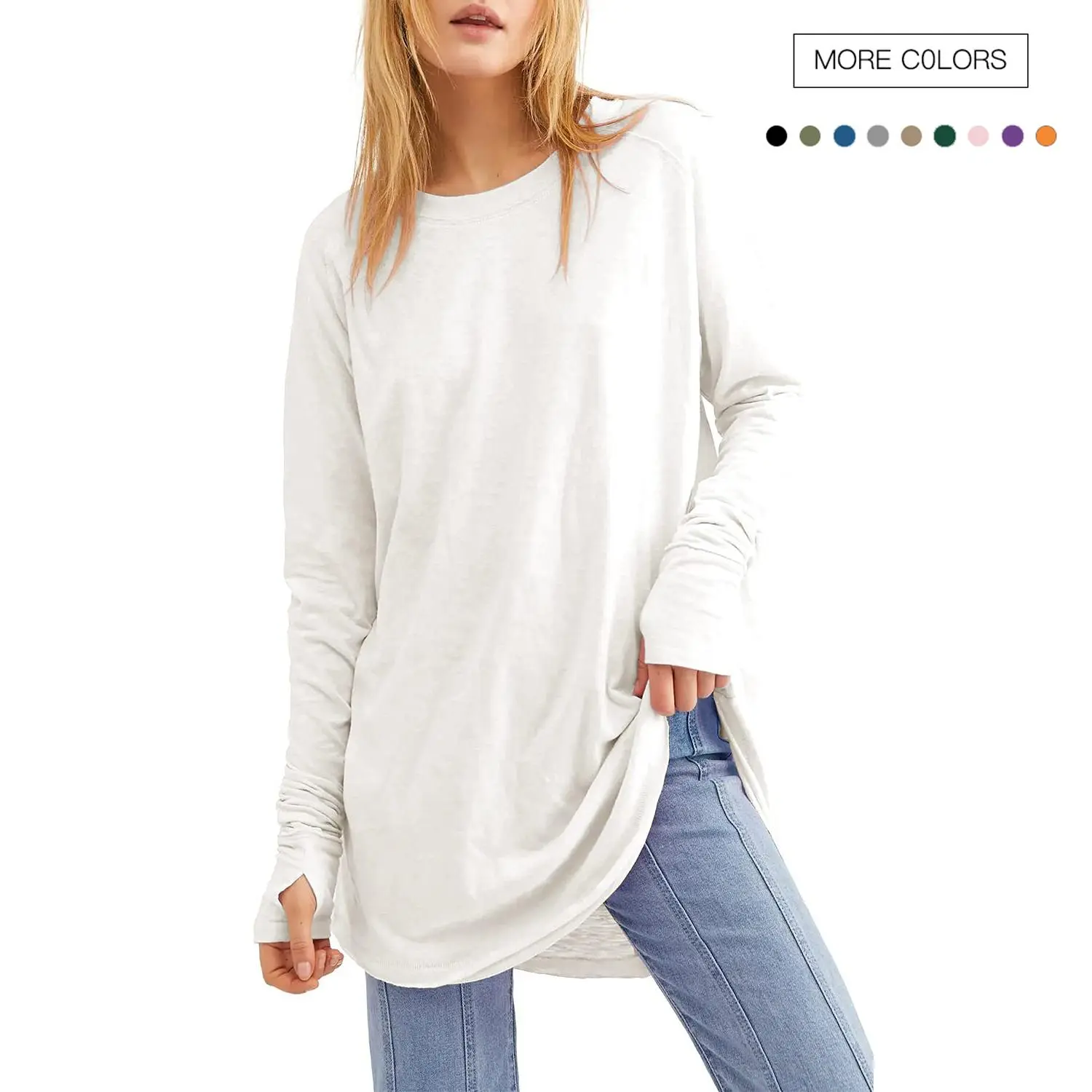 Danedvi Women's Basic Round Neck Oversized Plain Pullover Tunic Top - Casual Long-Sleeve Rayon Stretchy Comfy, Thumb Holes, Round Hem, 1-Piece for Work, Skirts, Tops, Minimalist, Sweatshirts, Slacks, Soft, Office Ootd, Elevated Casual, T-Shirt, Dress Casu