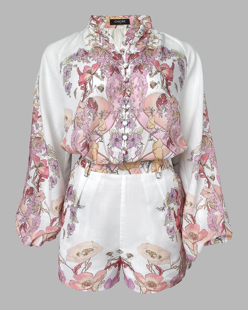 ChicMe Women's 2 Pieces Outfit Floral Placement Print Stand Collar Button Button Front Lantern Sleeve Top and Casual Elastic Back Waist Shorts Set with Belt