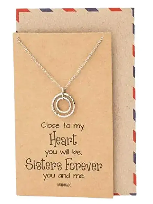 Quan Jewelry Infinity Circle Necklace for Sisters, 2 Hoops Handmade Fashion Jewelry Gifts for Women with Love Quote on Greeting Card, Silver Tone Adjustable Chain 16" to 18"