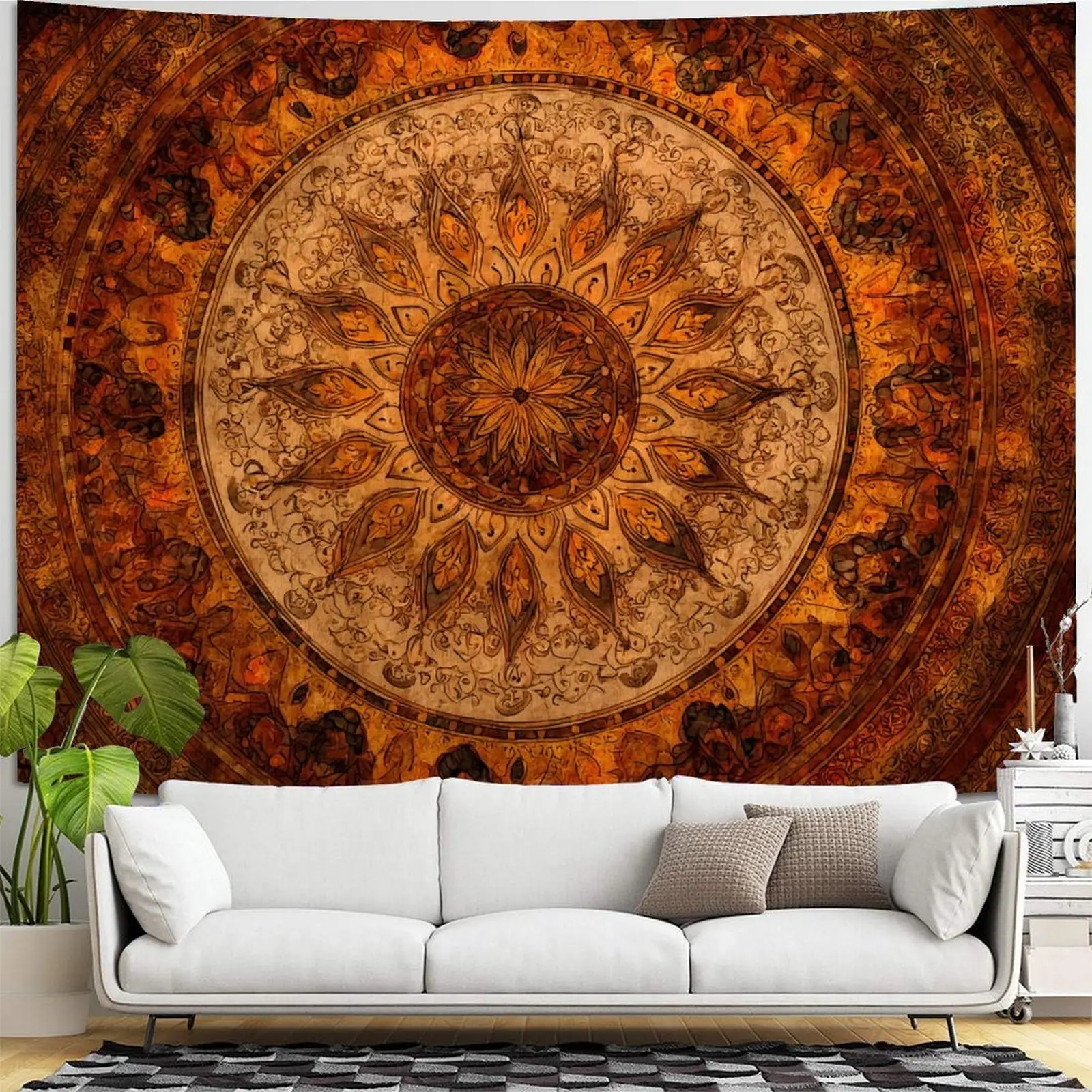 Boho Mandala Tapestry Wall Art - Smooth, Lightweight Orange-Brown Floral Medallion Print Home Supplies for Bedroom, Room Decor Inspo, Hippie Aesthetic Wall Hanging, Wrinkle Resistant