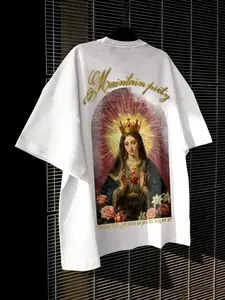 American Streetwear Mother Heart Oil Painting Print Loose Short Sleeve Christian Faith Clothing, Slim-Fitting Fashion Top Without Zipper