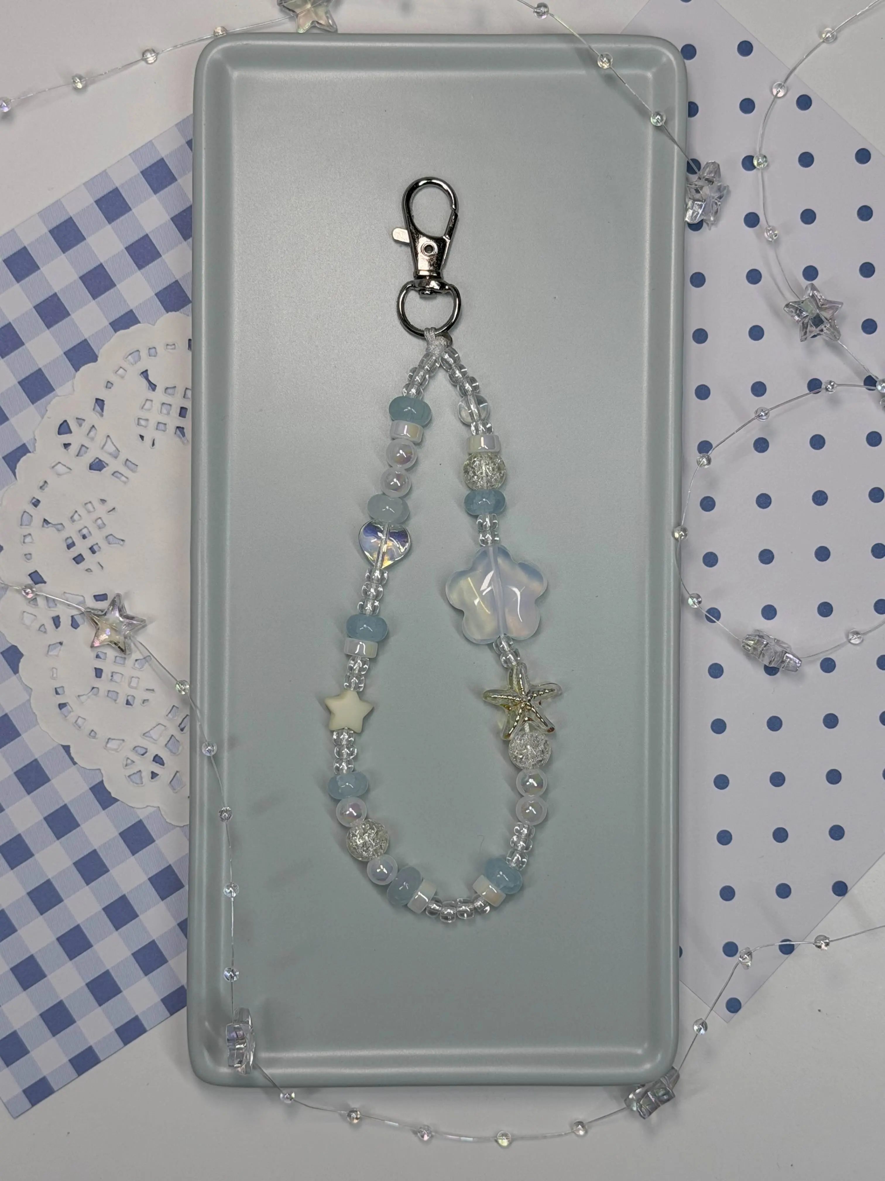 Ocean Starfish Bag Charm, Blue Beaded Purse Charm, Kawaii Seashell Keychain, Coastal accessory