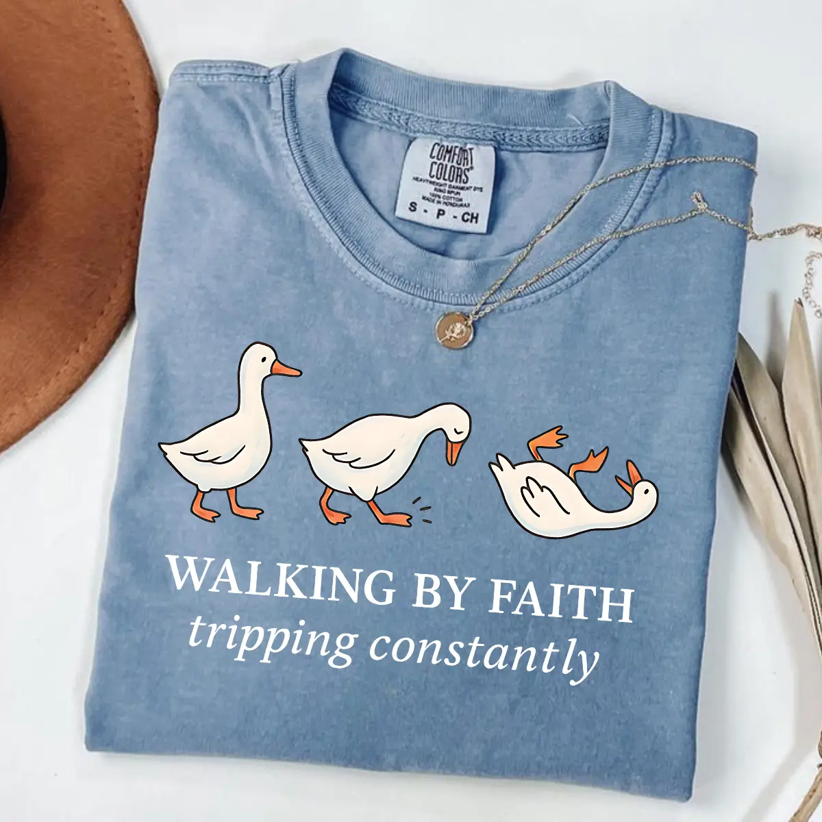 Comfort Colors Christian Goose Shirt, “Walking by Faith, Tripping Constantly” Tee, Funny Bible Quote T-Shirt, Three Goose Graphic, Inspirational Gift for Believers