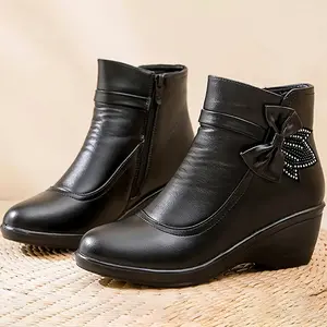 [CYFMYD Boots] Winter Wide Width CYFMYD Ankle Boots for Women |   Warm Push Soft Bootie with Bow Wedge Heels Rhinestone Zipper