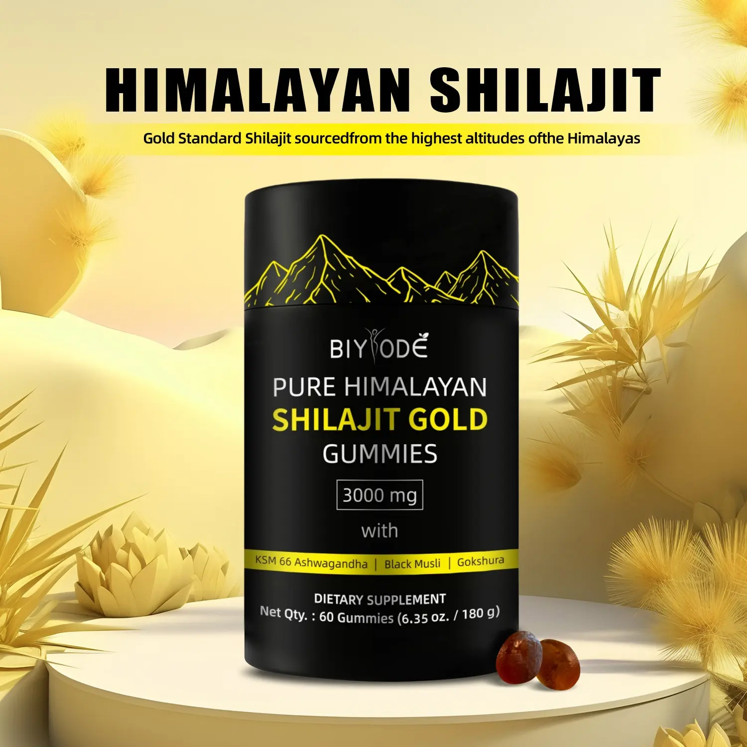 Biyode Pure Himalayan Shilajit Gummies | With Ashwagandha, Gokshura & other herbs | No added sugar | 60 Chewables Edible Supplement