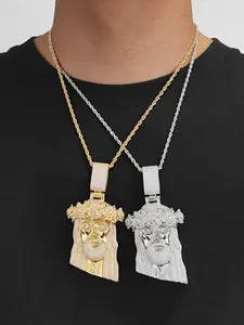 Iced Out Flower Jesus Necklace Pendants for Men 5A Cubic Zirconia Real Gold Plated Hip Hop Jewelry Chunky Necklace