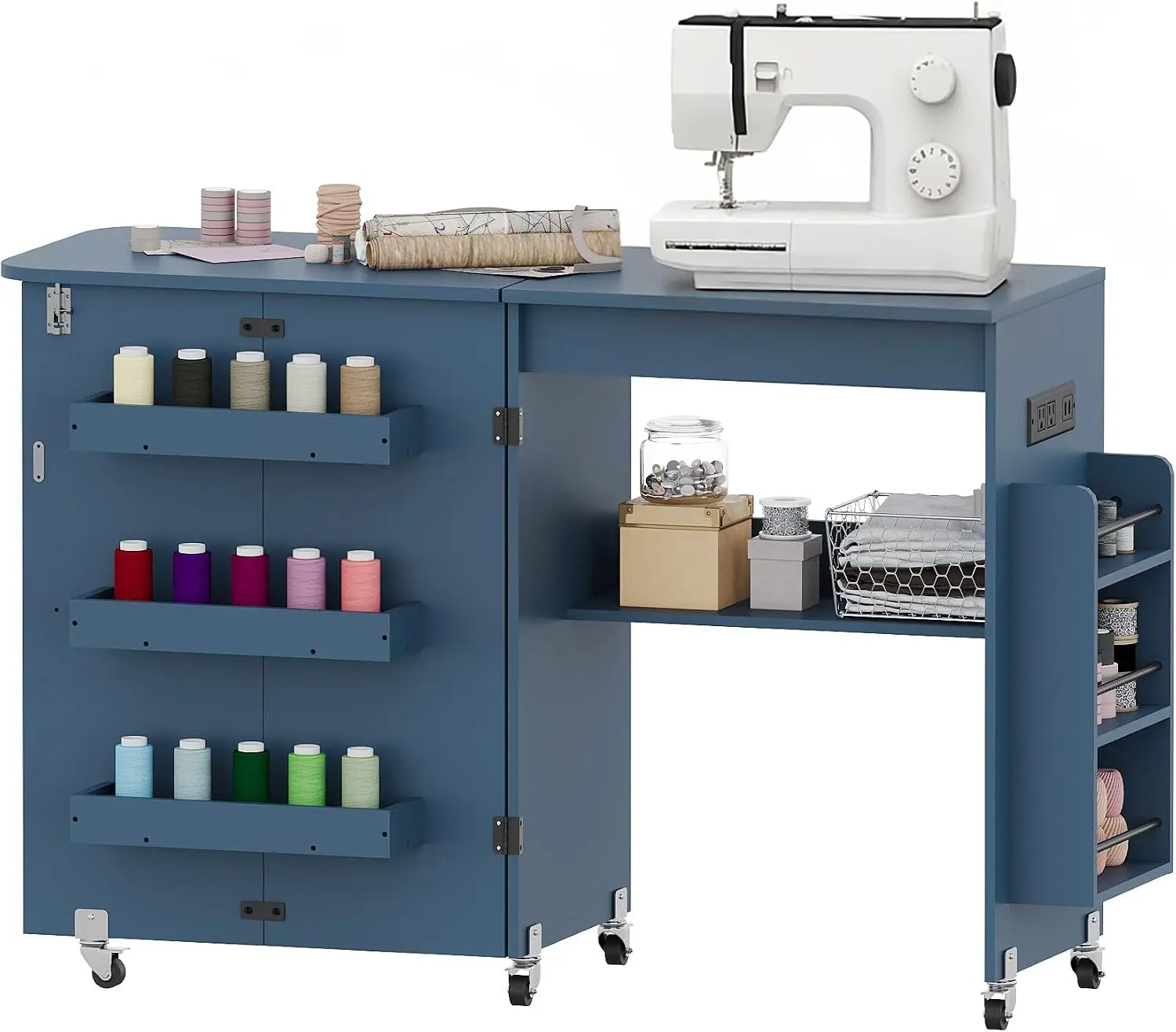Sewing Table with Storage, Folding Sewing Table with Charging Station/Shelves,Lockable Casters, Sewing Machine Desk for Home Apartment, Studio