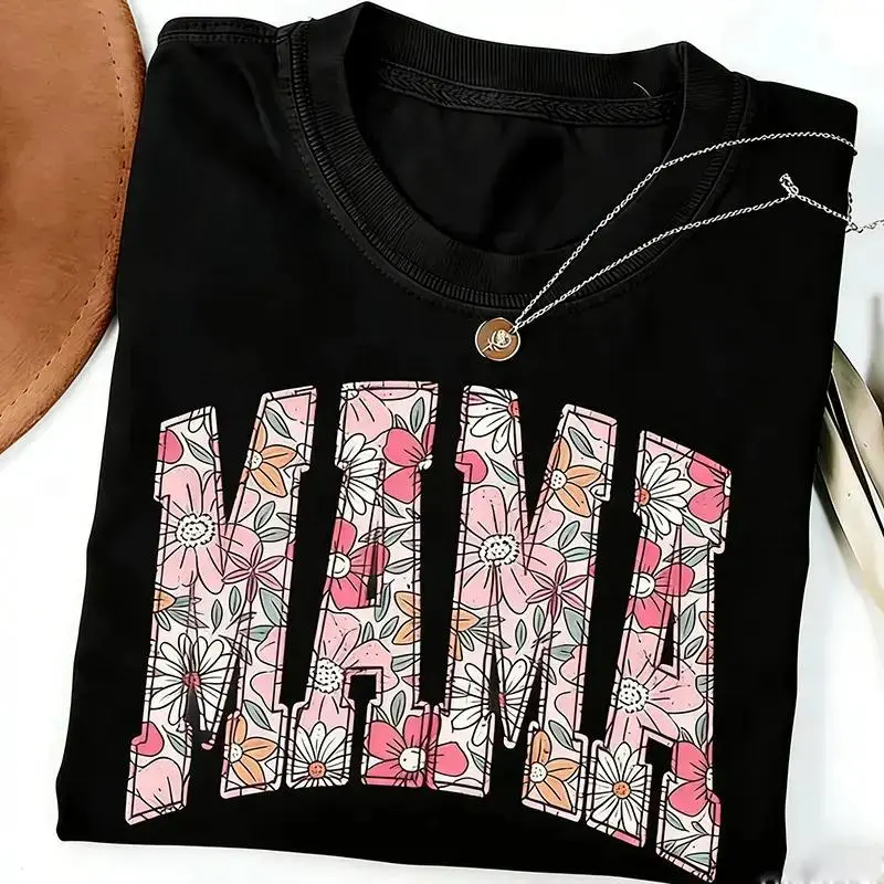 Women's Floral Mama Graphic T-Shirt - Boho Casual Oversized Short-Sleeve Round Neck Tshirt, Maternity Wear, Cute Spring Mother's Day Gift (Sports & Outdoor Top), Mothers Day, Short Sleeves, Oversized Cut, Loose-Fitting, Streetwear, 3Xl, Pull On, Black-T-S