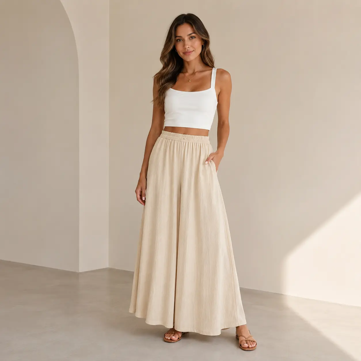 Women's Plain Polyester Culottes, Casual High-Waist Trousers with a Flowy Wide-Leg Fit and Elastic Waist, Cold Wash, Basics, Chic, Minimalist, Elegant, Bottom, Comfortable, Simple, Everyday, Style, Modest, Culotte Cut
