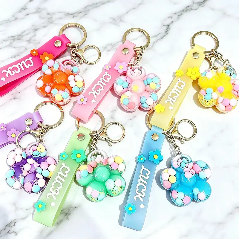 Cute Flower Quicksand Keychain with floating colorful beads. Beautiful bag charm, perfect birthday & holiday gift for friends and classmates.