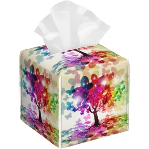 Colorful Tree Tissue Box Cover Leather Tissue Box Holder Square Facial Paper Organizer Dispenser for Bathroom Kitchen Bedroom Vanity Countertop Night Stands