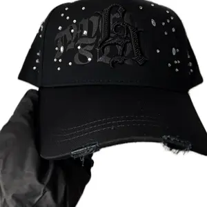 Tough LA Black Baseball Cap with Rhinestones and Distressed Design