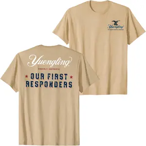 Yuengling Beer Graphic T-Shirt Our First Responders Support Back Print Tee Patriotic American Brewery Shirt Vintage Style Unisex Streetwear Summer Casual Sand Beige Top