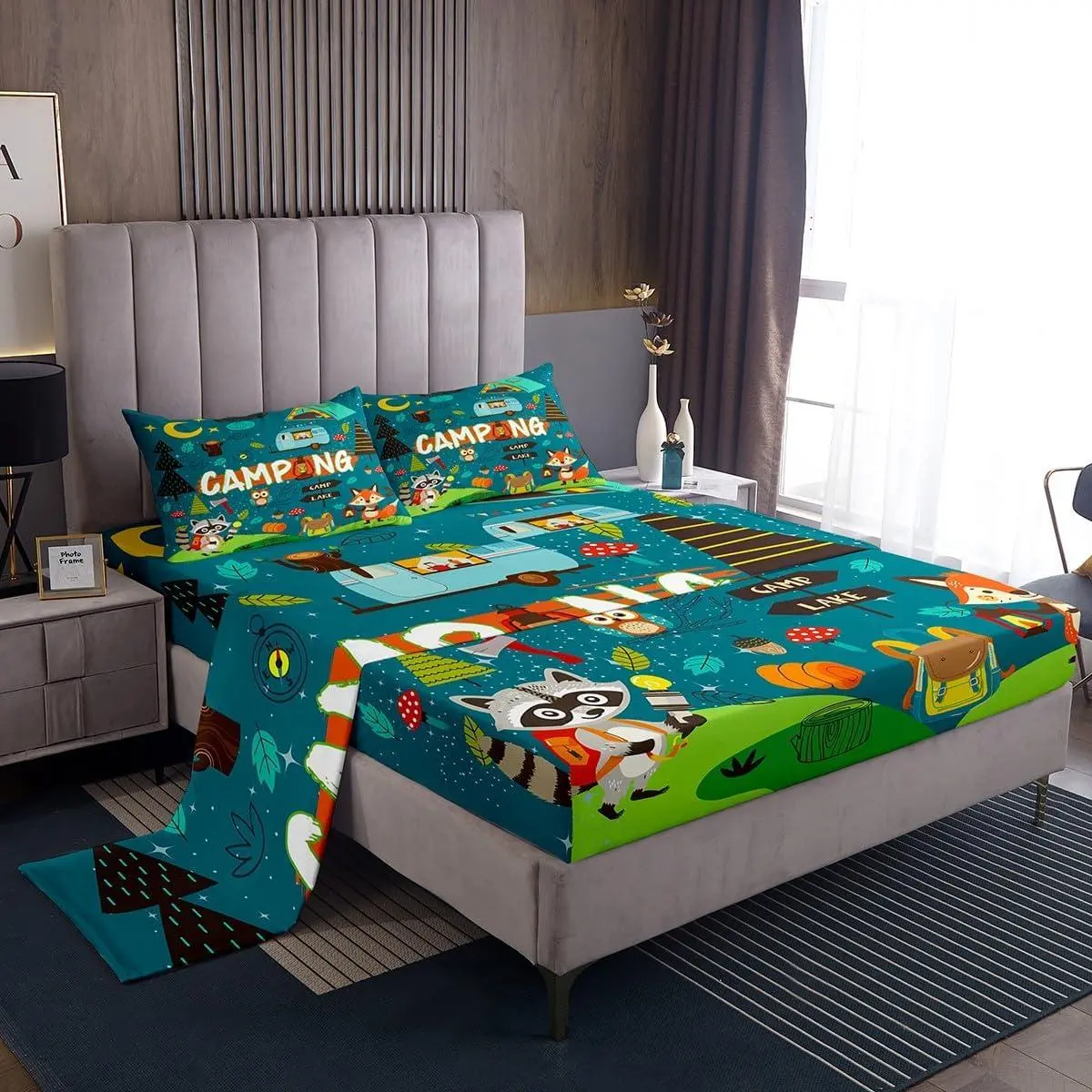 Happy Camping Sheet Set Camper Bed Sheets Set Adult Bedroom,Cartoon Rv Camping Sheets Fox Cute Animal Bed Set Travel Trailers,1 Flat Sheet 1 Fitted Sheet