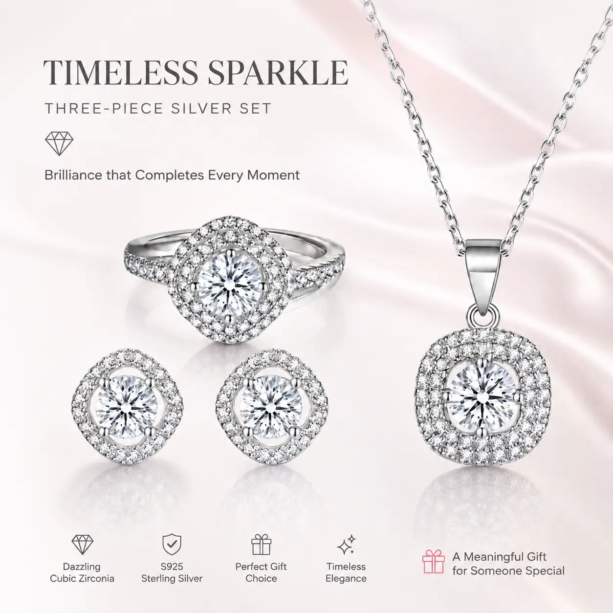 Timeless S925 Sterling Silver Moissanite Jewelry Set, Ring + Earrings + Necklace, Ideal Gift for Birthday, Anniversary & Daily Outfit