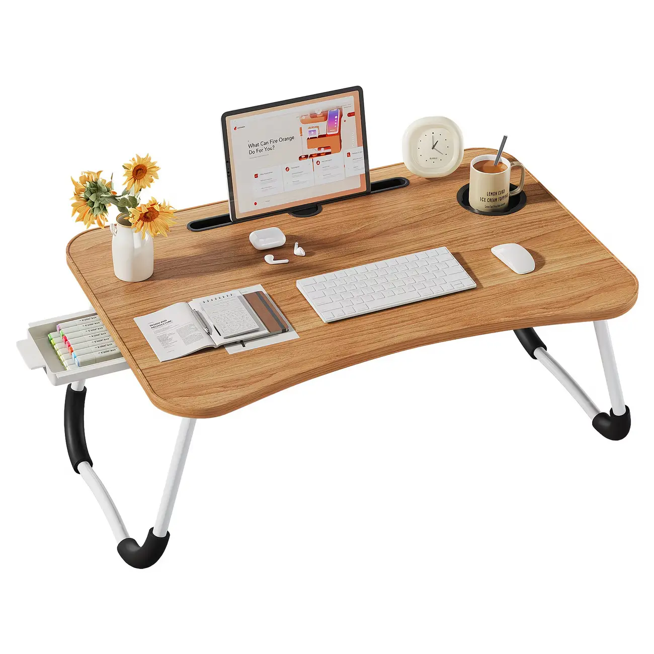 Portable Foldable Heavy-Duty Wood Lap Desk for Adults - Rectangular Ergonomic All-In-1 Design Office Furniture with Built-In Cup Holder, Storage Drawers, Stable Compact Writing Tray for Couch, Bed Use, Comfortable Home Furniture