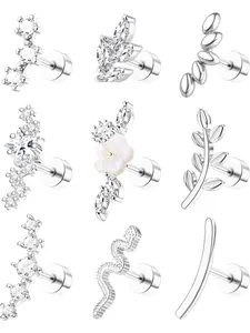 9Pcs Flat Back Cartilage Earrings for Women Trendy Stackable Earrings 16G Tragus Conch Helix Piercing Jewelry Stainless Steel Snake Star CZ Flat Back Stud Earrings Set