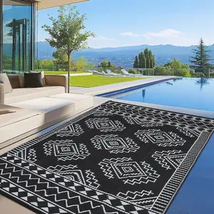 Waterproof Reversible Outdoor Area Rug for Patio Deck Backyard RV Beach and Picnic, Plastic Straw Camping Mat with Modern Geometric Pattern, Easy Clean UV Resistant Foldable Outside Carpet with Carry Bag and Stakes