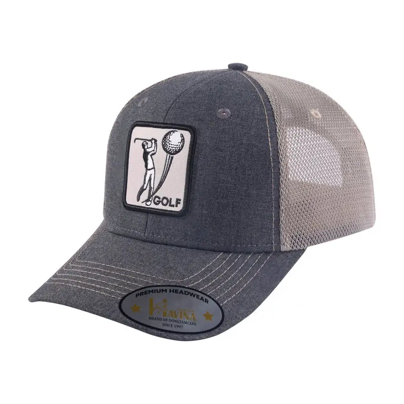 Embroidered Golf - 6 Panel Trucker Hat - Dark Grey/Khaki