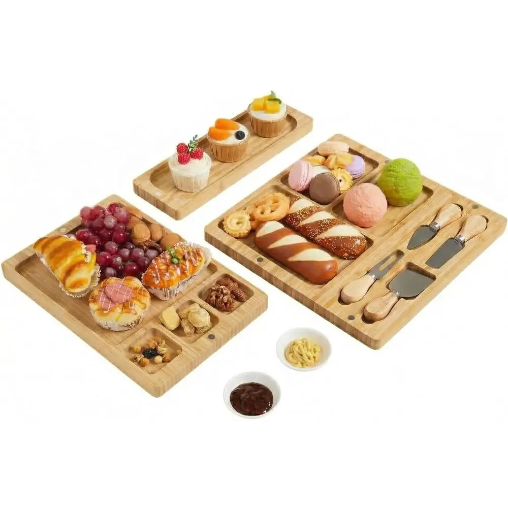 3-Piece Bamboo Cheese Board Set - Delicatessen Platter with Serving Trays and Ceramic Bowls - Natural Wood Boards for Meat Fruit and Appetizers