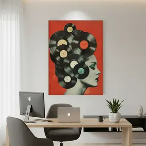 Framed Canvas 1pc Vintage Vinyl Record Art Wooden Frame Wall Decor - Girl with Vinyl Records , Pine Wood Framed Canvas Art for Living Room, Bedroom, Office, Kitchen, Restaurant, Creative Holiday Gift Idea
