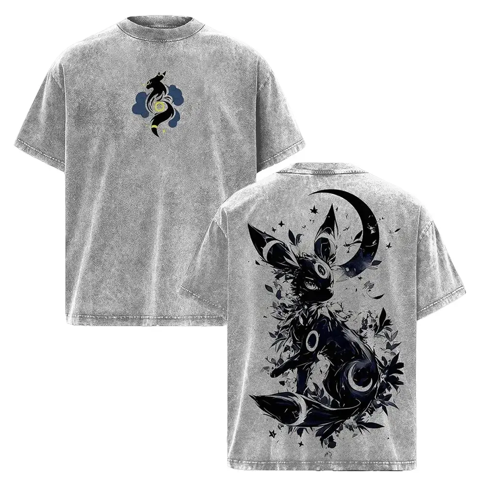 Men's Umbreon Cartoon Print T-Shirt - Pocket Monsters Vintage Loose-Fit Lightweight Heavy Cotton Acid Washed Unisex Streetwear Medium Length Graphic Top, Machine Washable for Fans