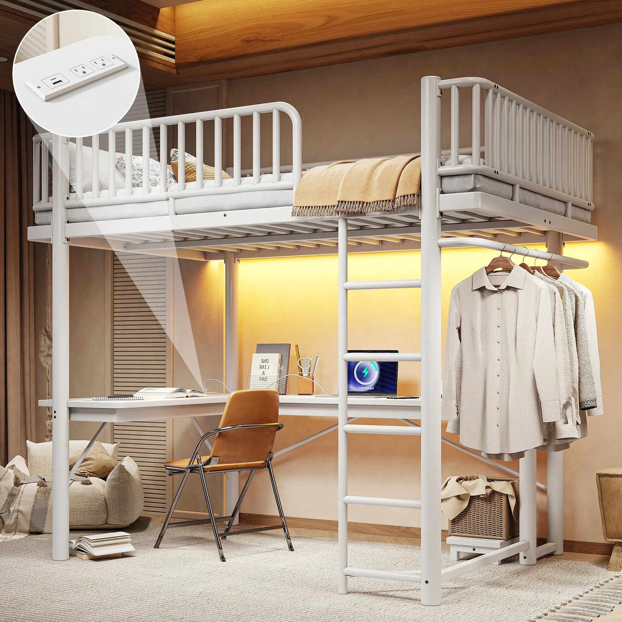 [Bellemave] Full/Queen Size Metal Loft Bed with L-Shaped Desk,LED Light Strip and Charge Station, Computer Mainframe Tray & Hanging Area, Special Round Pipe Design
