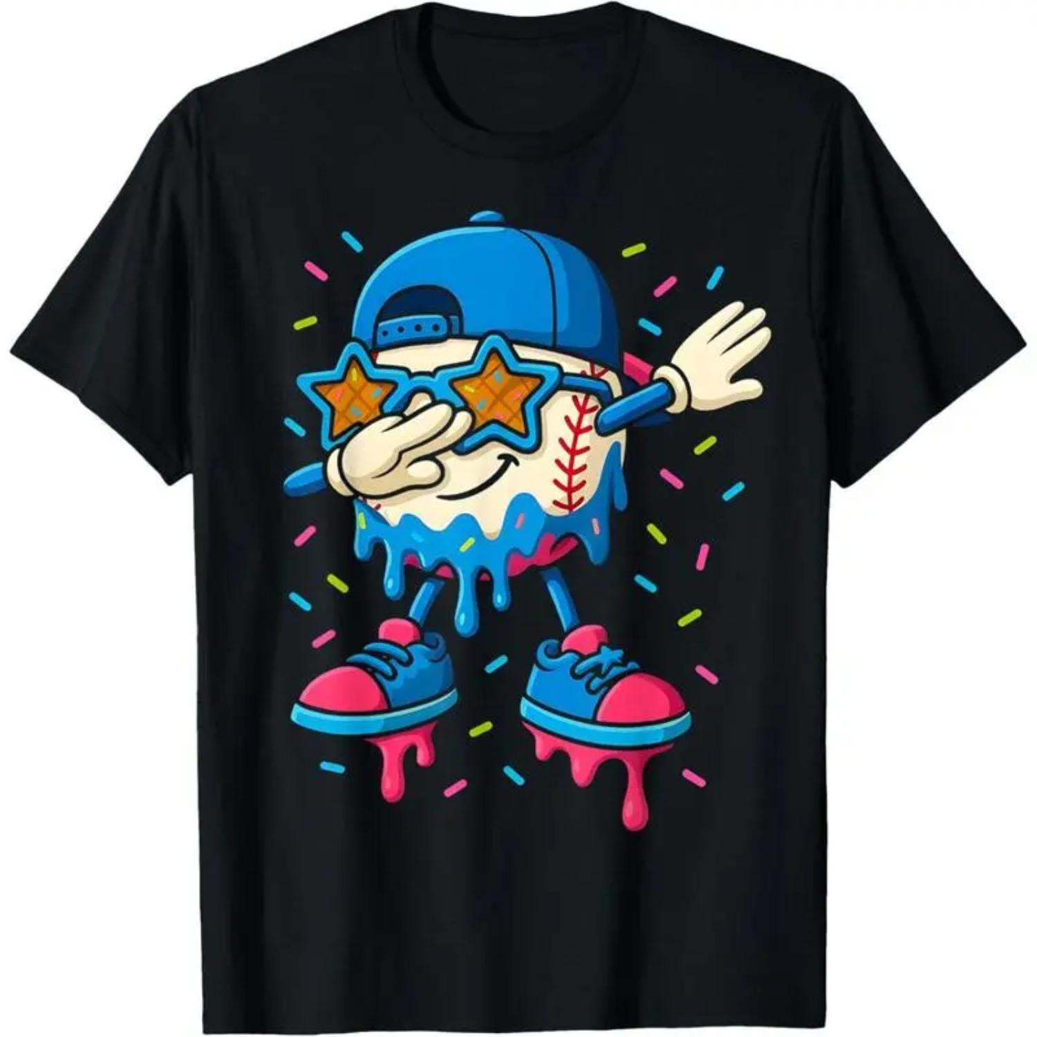 Baseball Drip Ice Cream Men Dabbing Baseball Sprinkle Graphic Tee