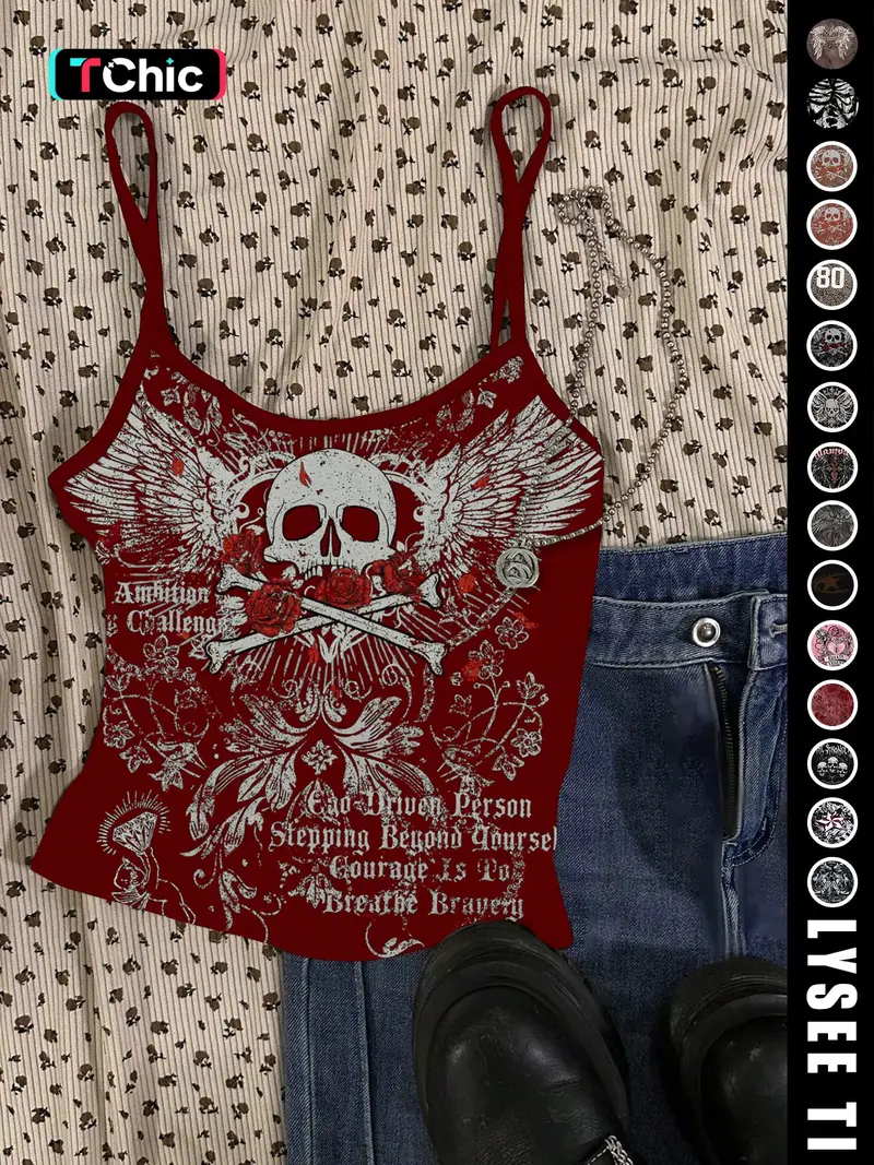 26 Valentine's Day Music Festival Rock Vintage American Skull Eagle Print Crop Top, Trendy Summer Vest for Women, Casual Slim-Fitting Fashion