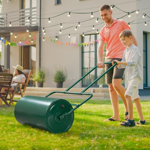 24" Steel Lawn Roller, 13 Gallon Water/Sand Fillable Yard Roller with U-Shaped Handle & Easy Drain Plug, Push & Pull Sod Roller for Grass Flattening Seed Packing, Green