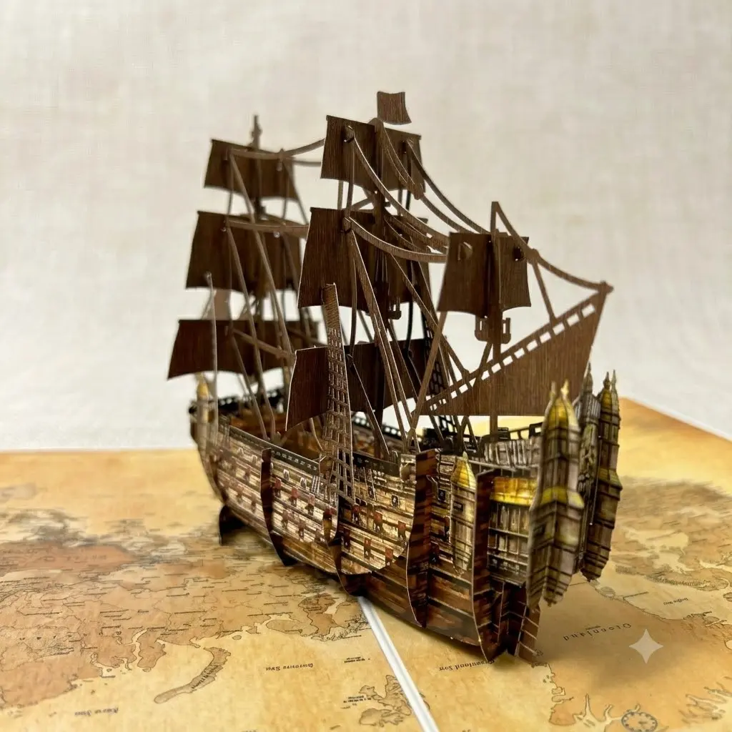 3D Pop-up Sailing Ship Card, Intricate Handmade Paper Craft, Unique Vintage Gift for Him & Travel Enthusiasts