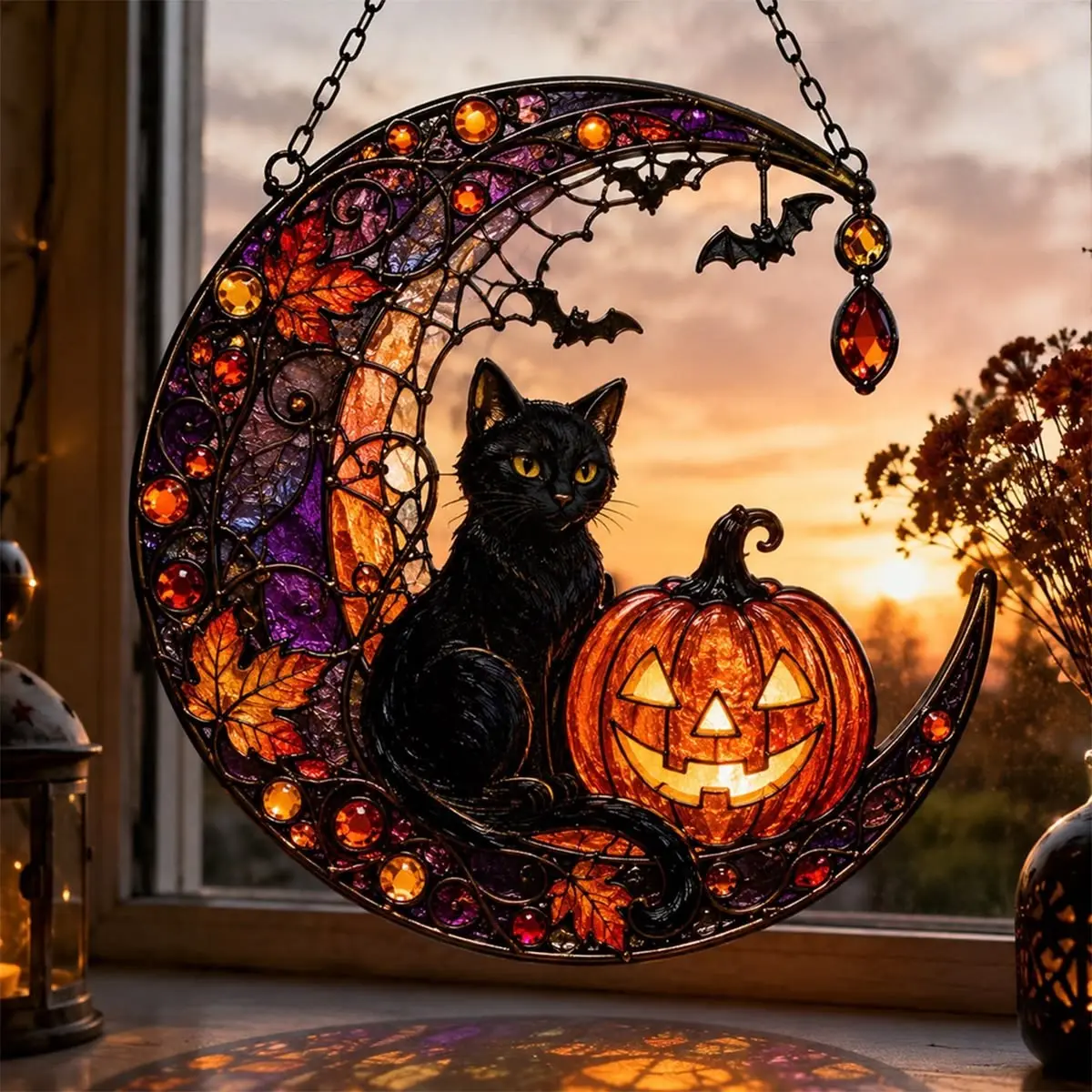 Halloween Black Cat and Jack-O-Lantern Stained Glass Crescent Moon Suncatcher Hanging Decor, Handcrafted Vibrant Acrylic Fall Spooky Season Window Art Ornament, Perfect Holiday Gift for Cat Lovers