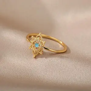 Stainless Steel Lotus Flower Ring for Women, Gold Color Vintage Stone Opal Oval Flower Ring, Fashion Aesthetic Jewelry Gift, Elegant Floral Statement Ring, Trendy Daily Party Accessory for Girls, Cute Boho Retro Style Ring Must Have Dail